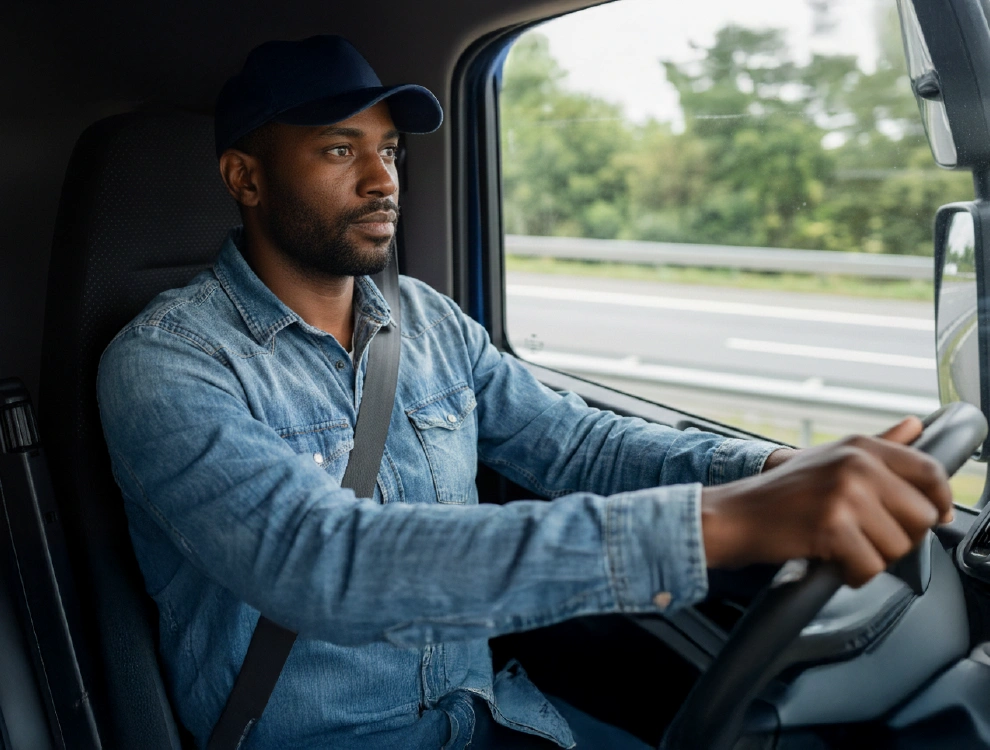 Man wearing a denim jacket and cap driving a vehicle on a highway with trees in the background.
