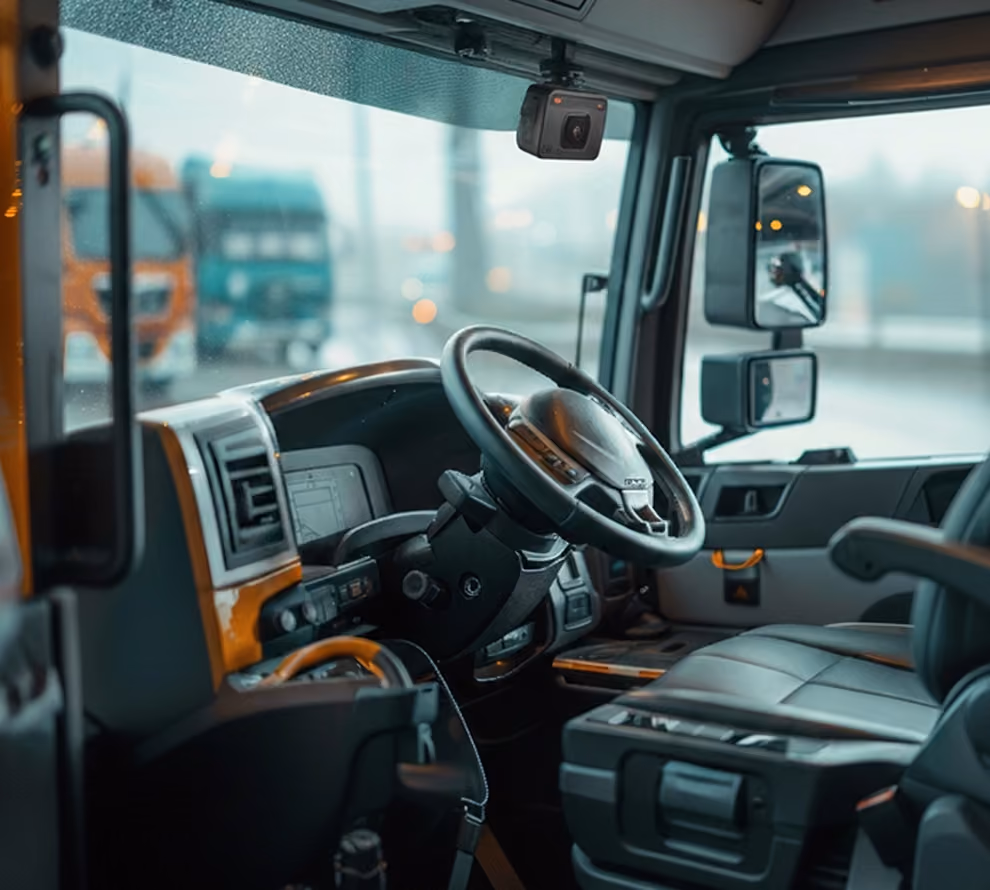 Steering wheel and dashboard interior of a truck with large side mirrors and a dash camera mounted on the windshield.