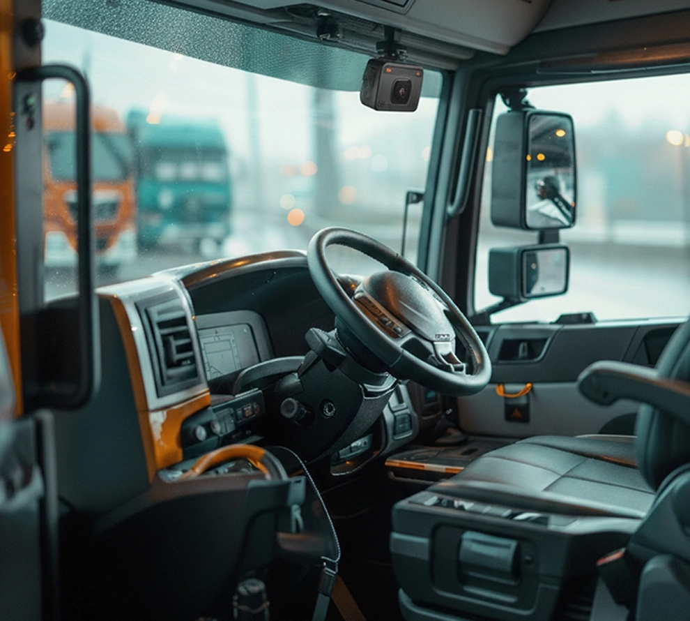 Steering wheel and dashboard interior of a truck with large side mirrors and a dash camera mounted on the windshield.