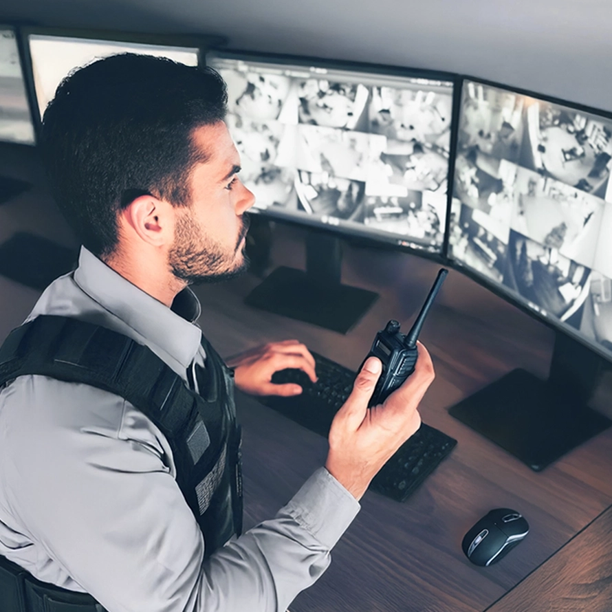 Man in red shirt with headset monitoring security camera footage of a driver on a computer in an office with multiple monitors.