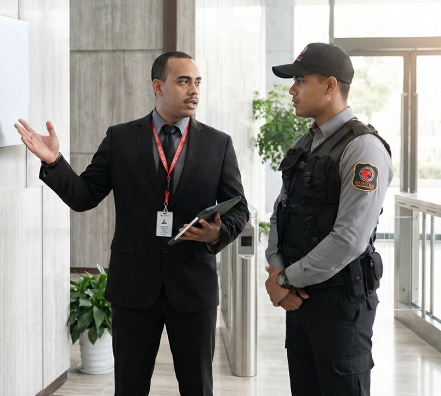 A man in a black suit with an ID badge explaining something while holding a tablet to a security guard in uniform inside an office building lobby.
