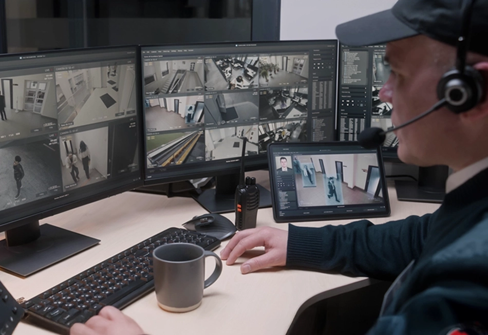 Security personnel monitoring multiple surveillance camera feeds on dual computer monitors and a tablet while wearing a headset.
