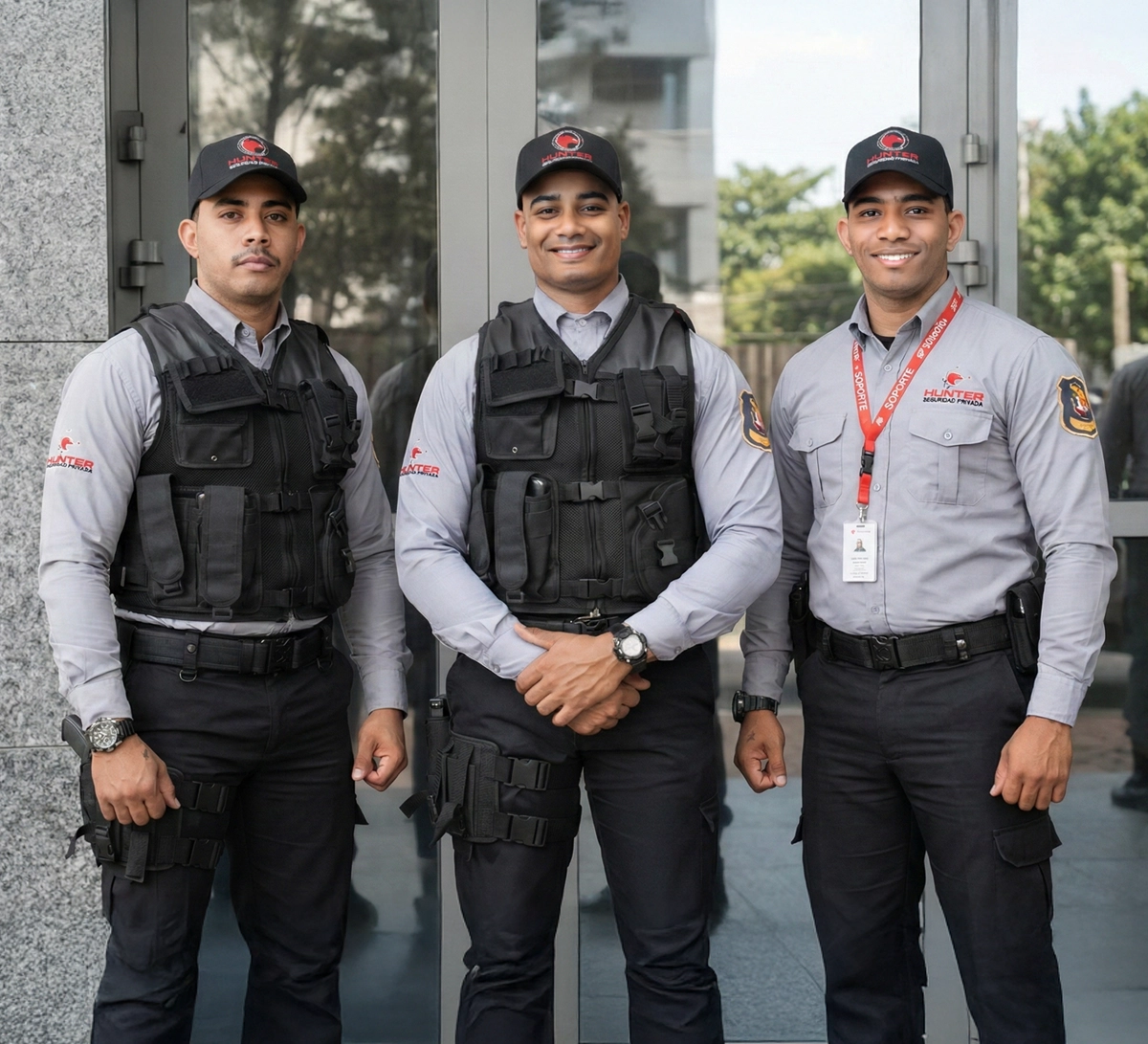 Three security guards in uniform standing in front of a glass door, two wearing tactical vests and one with an ID badge on a red lanyard.