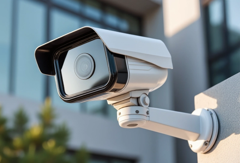 Close-up of a white security camera mounted on a wall outside a building.