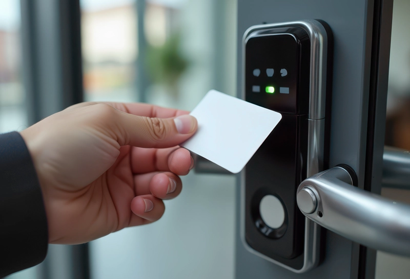 Hand holding a white access card near an electronic door lock scanner with a green indicator light.