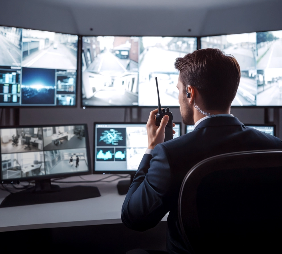 Security professional in a suit speaking into a walkie-talkie while monitoring multiple surveillance camera feeds on large screens.