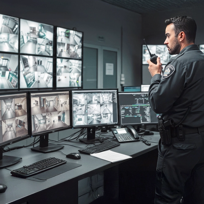 Security guard monitoring multiple surveillance camera feeds on several screens while speaking into a walkie-talkie in a control room.