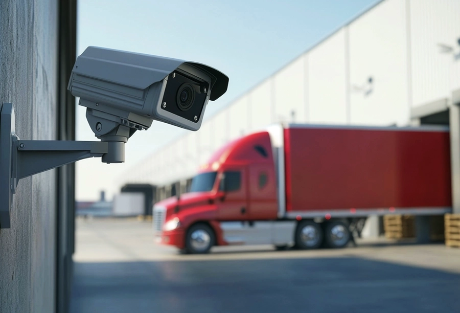 Security camera mounted on a building wall overlooking a loading dock with a red semi-truck parked nearby.