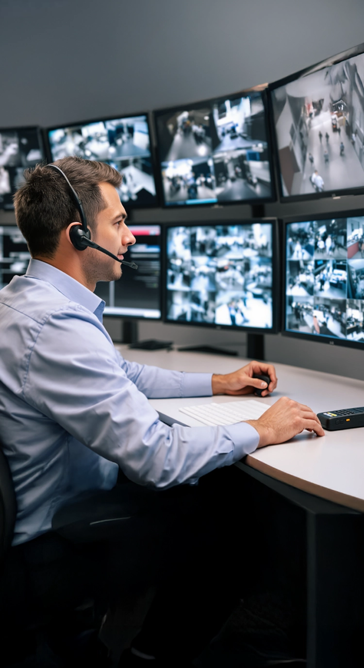 Man wearing a headset monitoring multiple surveillance camera feeds on several screens in a security control room.