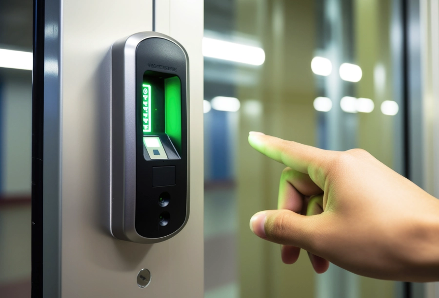 Hand about to scan fingerprint on a digital biometric scanner on a door.