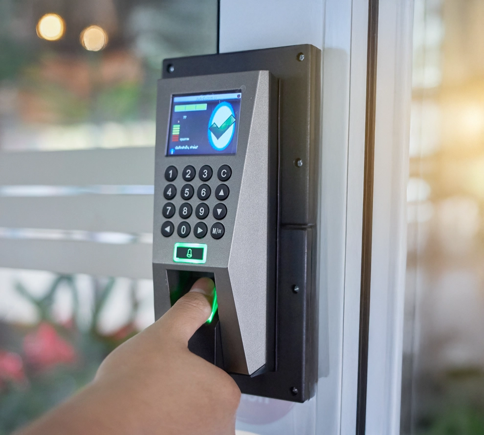 Finger pressing on a fingerprint scanner with keypad and display on a door access control system.