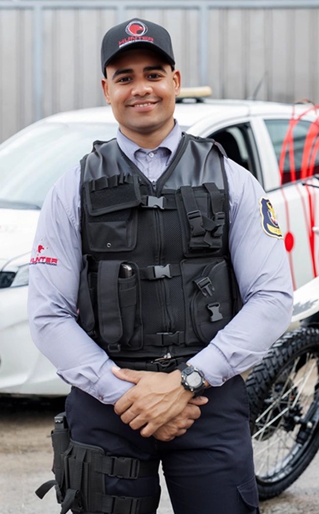 Smiling security guard wearing a black tactical vest and cap standing in front of a white patrol vehicle and a bicycle.