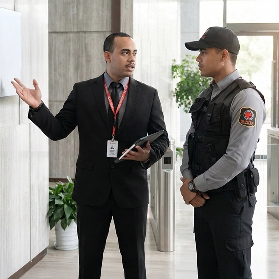 Man in a black suit with a badge and lanyard explaining something to a security guard in uniform and cap inside a modern building.