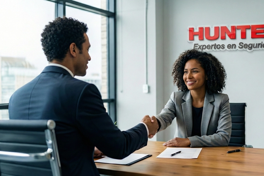 Businesswoman and businessman shaking hands across a desk in a modern office.
