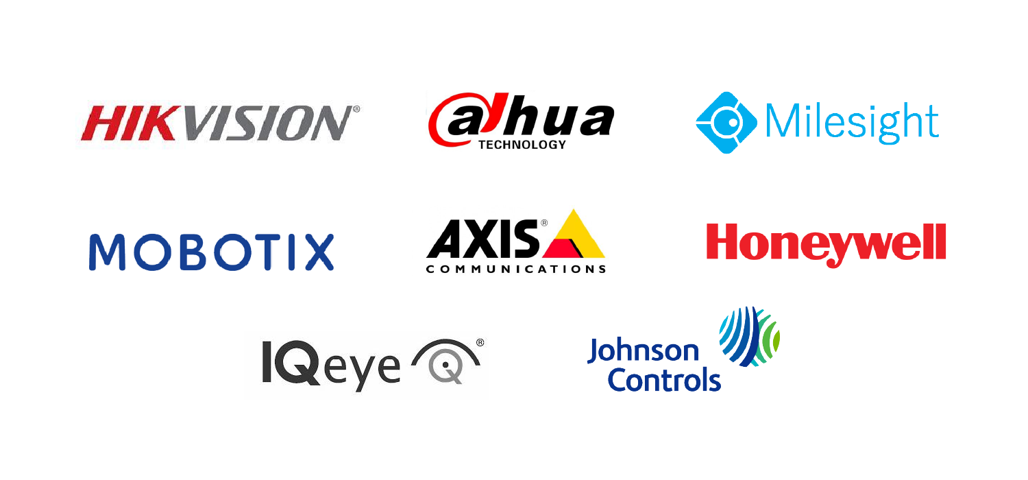 Logos of security and technology companies: Hikvision, Dahua Technology, Milesight, Mobotix, Axis Communications, Honeywell, IQeye, and Johnson Controls.