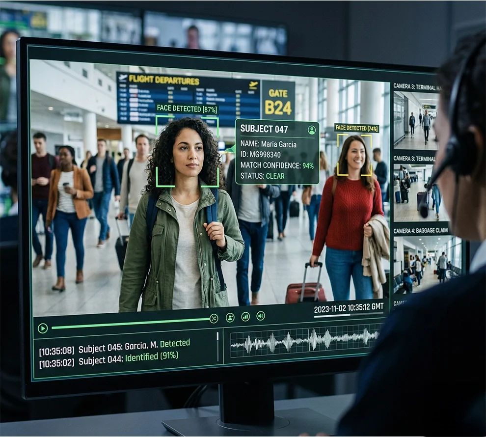 Airport security monitor displaying facial recognition identifying woman named Maria Garcia with 94% match confidence and status clear.