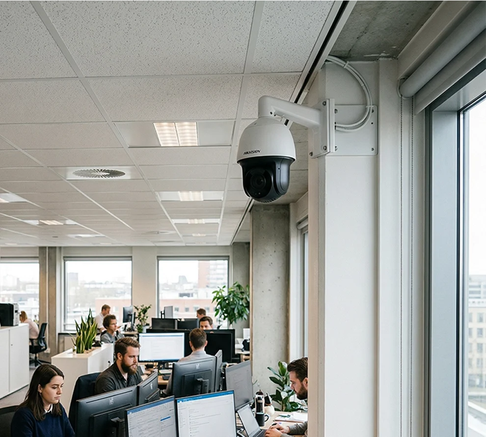 Security camera mounted on a wall overlooking an office with employees working at desks and computers.