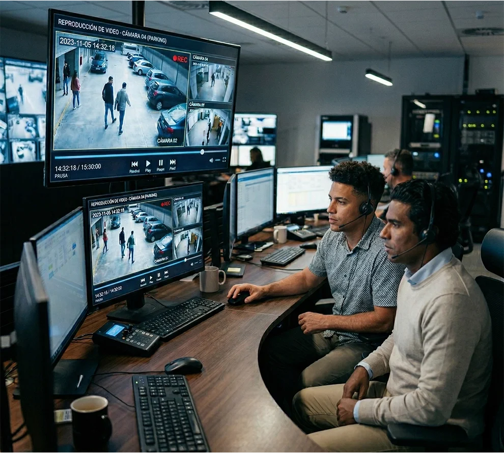 Two men wearing headsets monitoring multiple surveillance camera feeds on computer screens in a control room.
