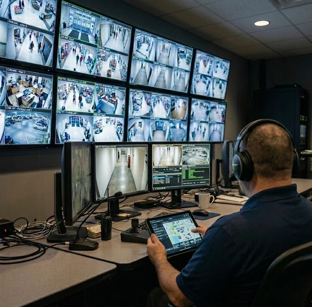 Security control room with a man wearing headphones monitoring multiple surveillance camera feeds on large wall screens and holding a tablet displaying a map.