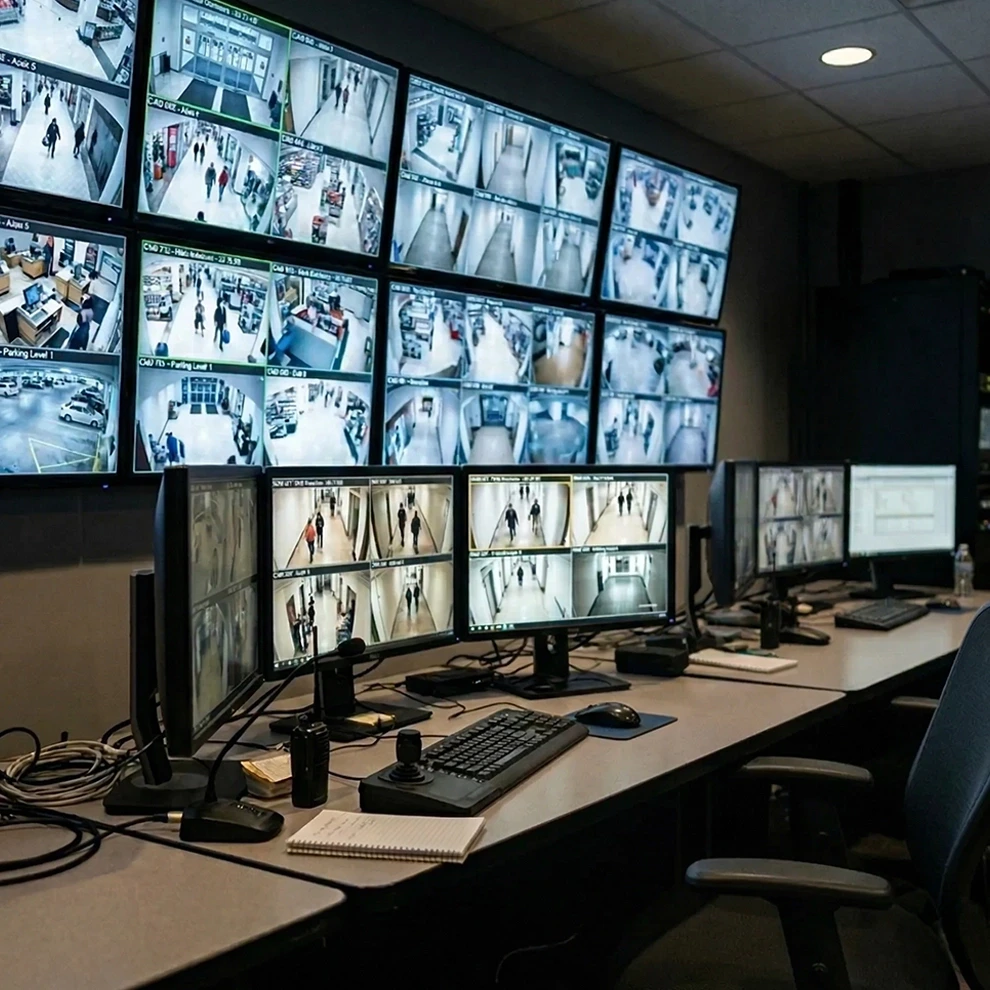 Security control room with multiple monitors displaying various surveillance camera feeds of hallways, parking lots, and interior areas.