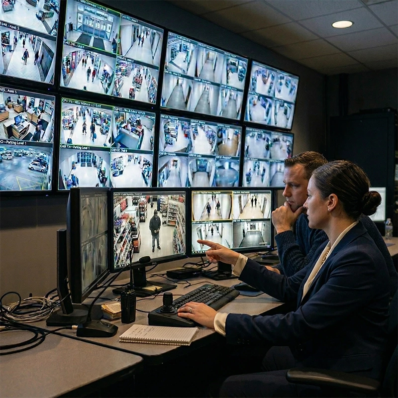 Two security personnel monitoring multiple surveillance camera feeds on screens in a control room.