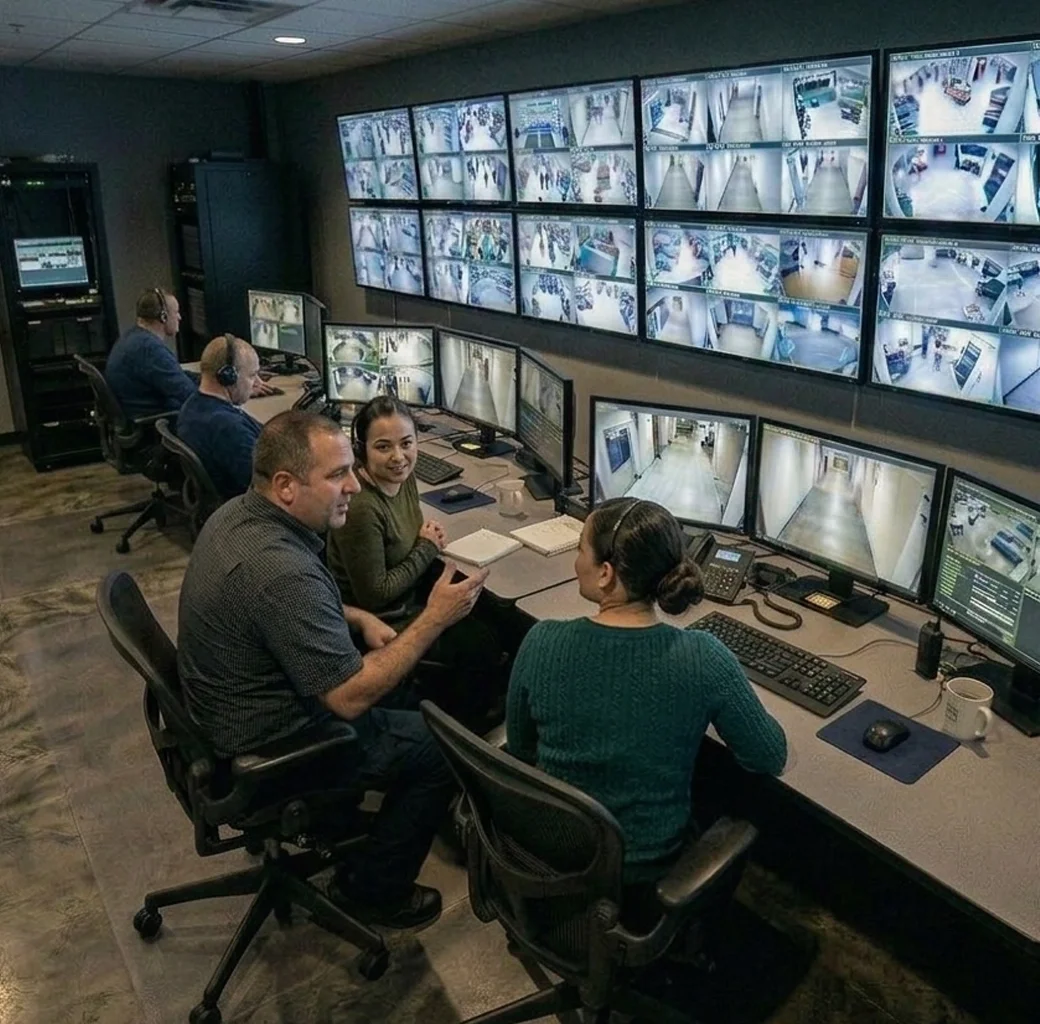 Security control room with four people monitoring multiple surveillance camera feeds on wall-mounted and desk screens.