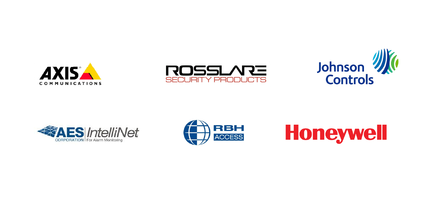 Logos of technology and security companies including Axis Communications, Rosslare Security Products, Johnson Controls, AES IntelliNet, RBH Access, and Honeywell.