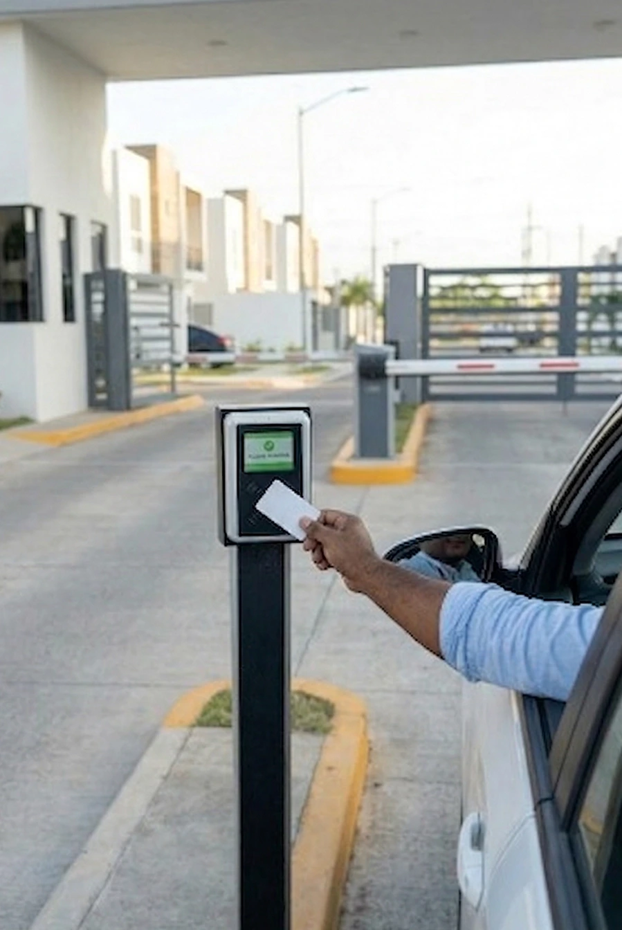 Person in a car holding a card against an access control reader at a gated residential community entrance.