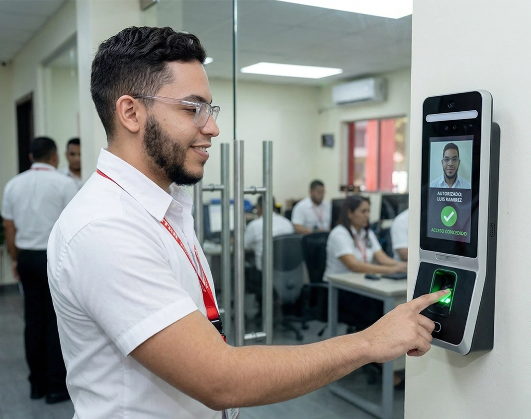 Man using a biometric fingerprint scanner with facial recognition to access an office.