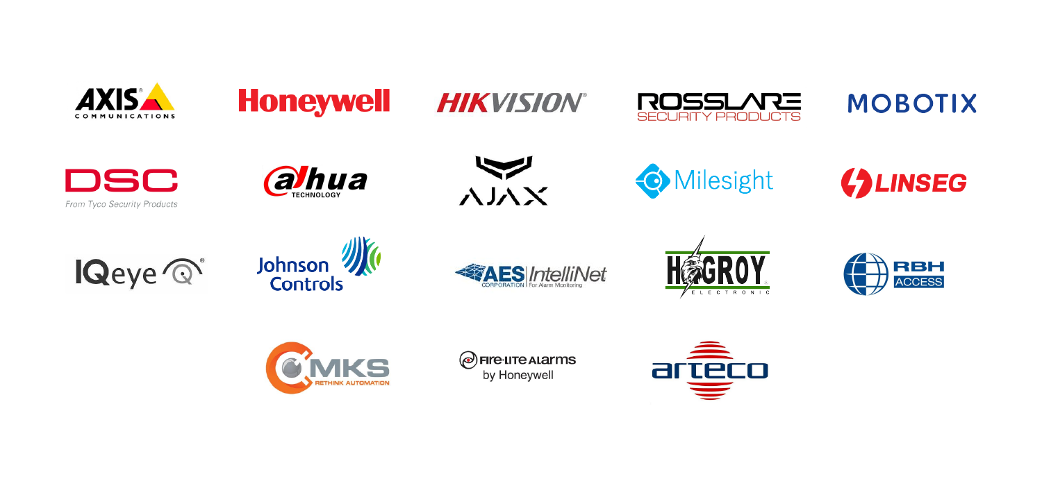 Collection of logos from security and automation brands including Axis Communications, Honeywell, Hikvision, Rosslare, Mobotix, DSC, Dahua Technology, Ajax, Milesight, Linseg, IQeye, Johnson Controls, AES IntelliNet, Hogroy Electronic, RBH Access, MKS Rethink Automation, Fire-Lite Alarms by Honeywell, and Arteco.