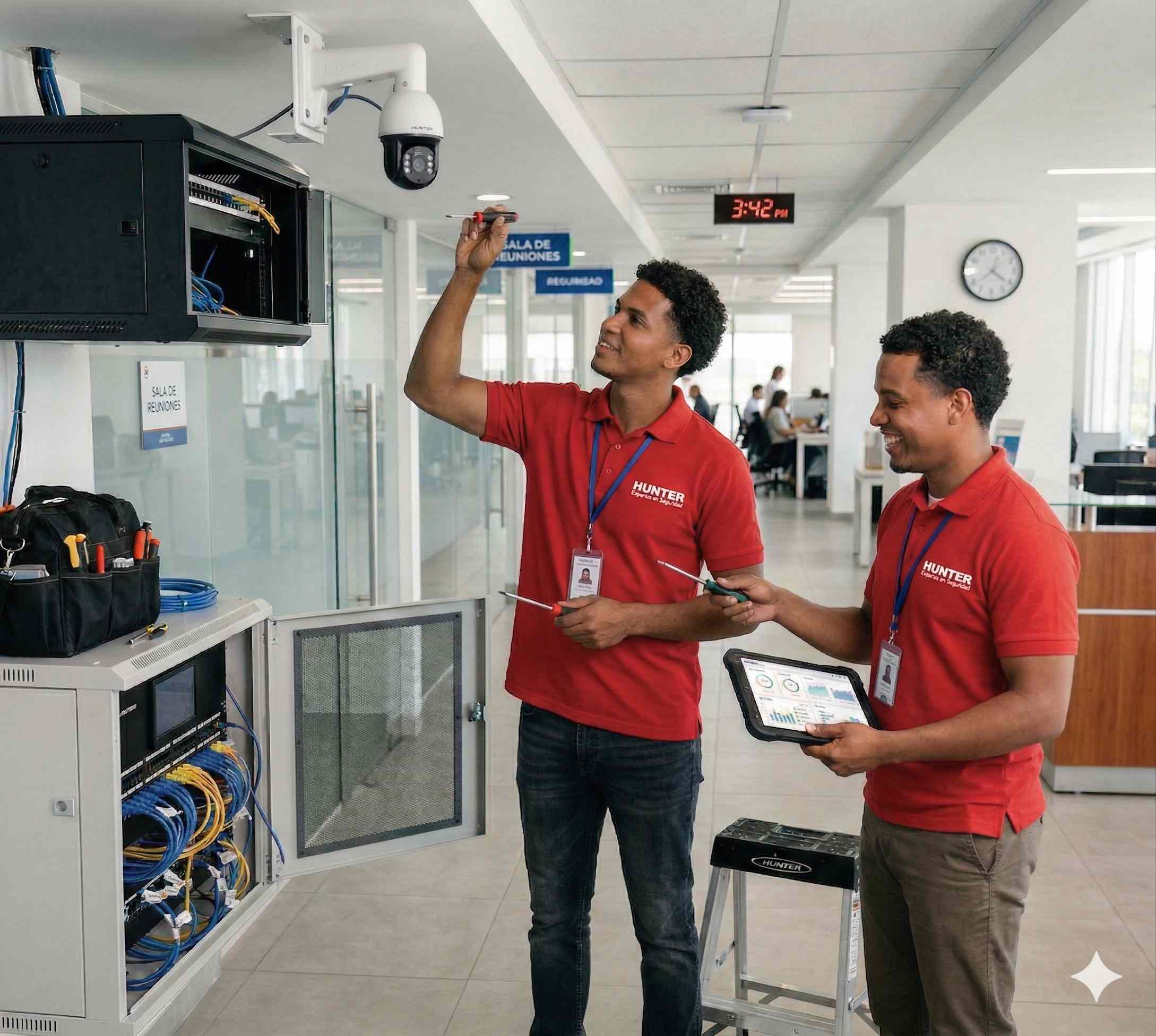 Two technicians in red shirts installing or maintaining a security camera in an office hallway.