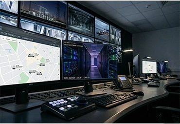 Control room with multiple monitors displaying security camera feeds, a map, and server room visuals.