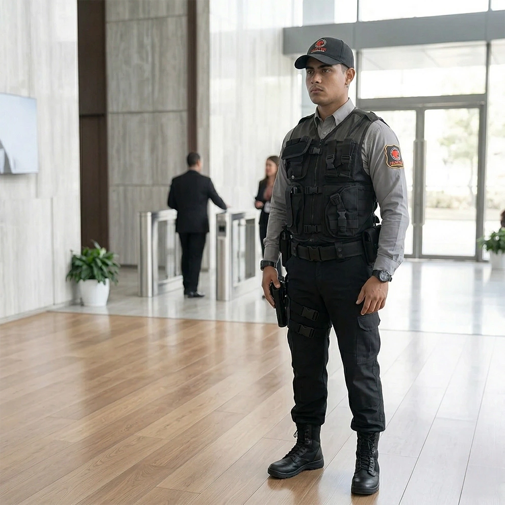 Security guard in uniform standing alert inside a modern building lobby with glass doors in the background.