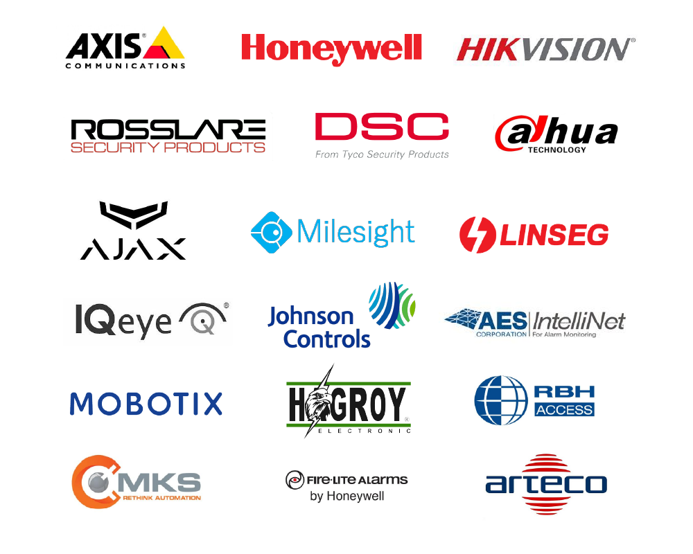 Logos of security and automation brands including Axis, Honeywell, Hikvision, Rosslare, DSC, Dahua, Ajax, Milesight, Linseg, IQeye, Johnson Controls, AES IntelliNet, Mobotix, Hogroy, RBH Access, MKS, Fire-Lite Alarms by Honeywell, and Arteco.