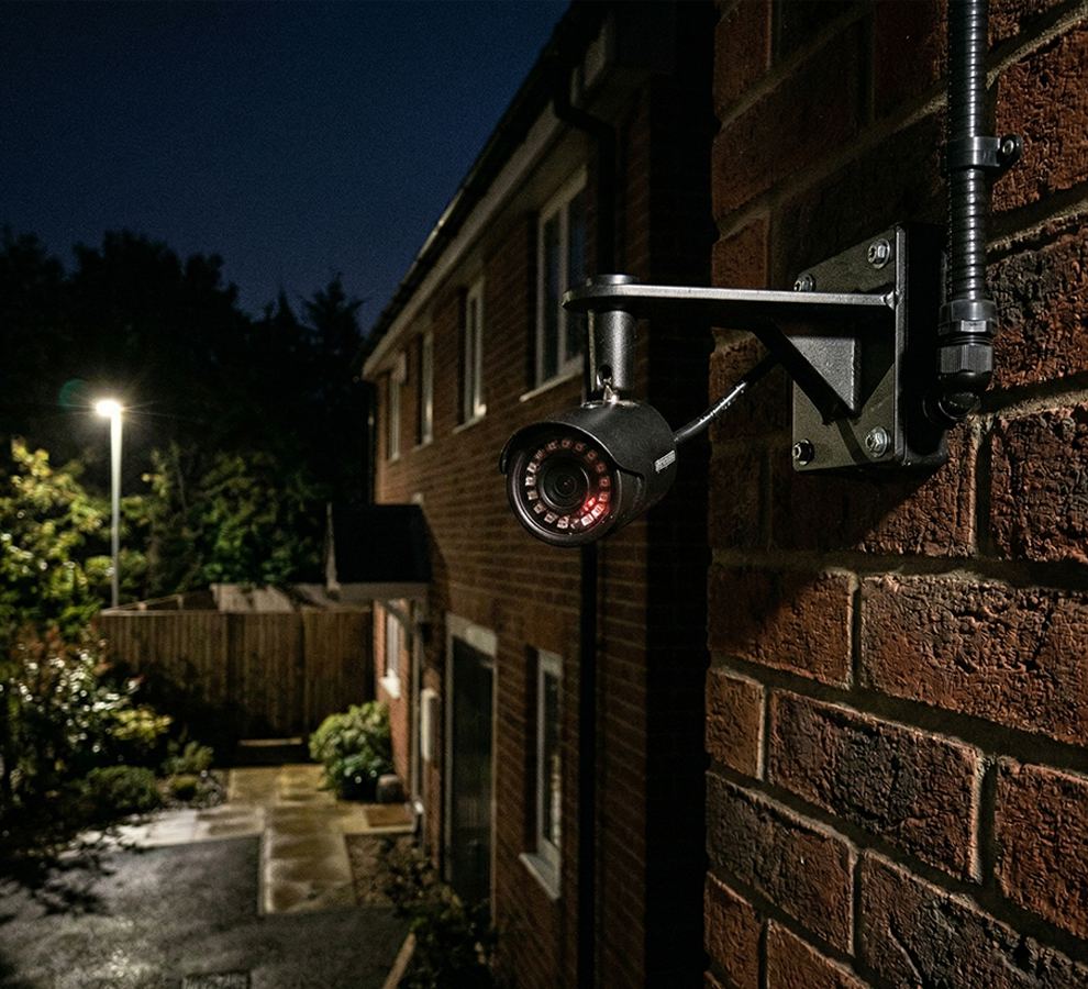 Security camera mounted on a brick wall outside a house at night with a lit streetlamp in the background.