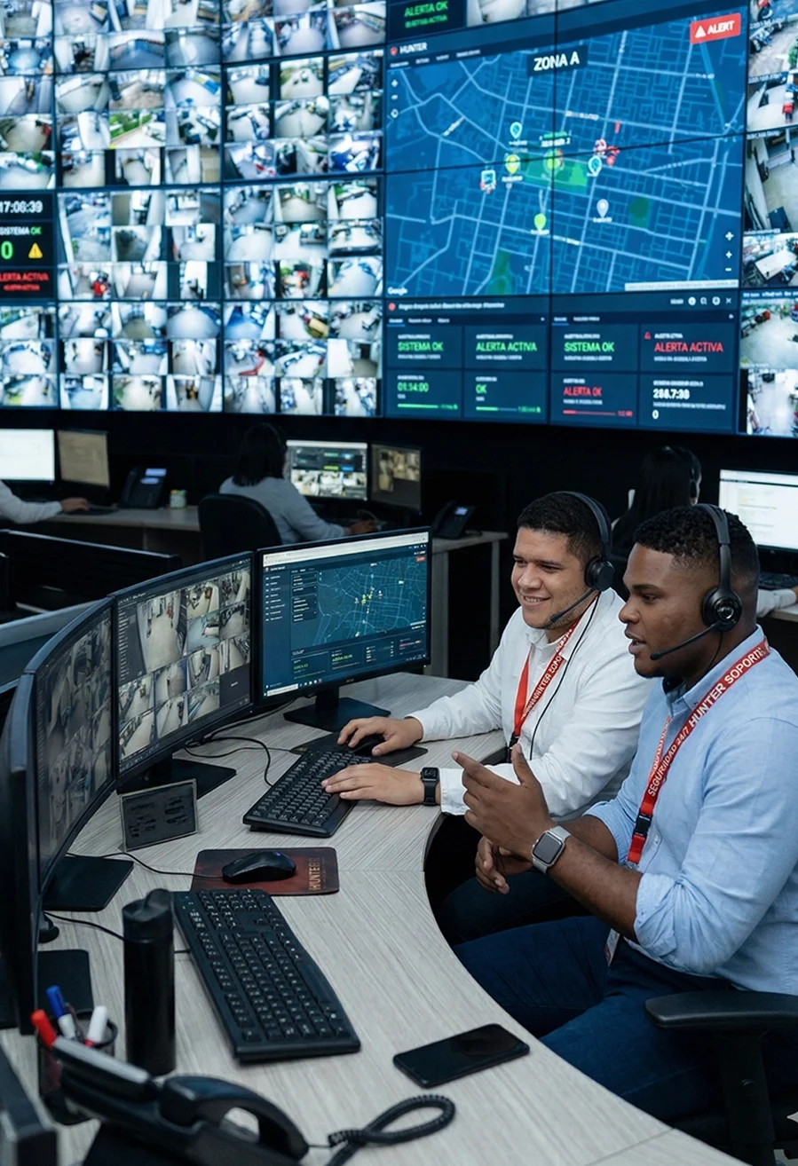 Two security operators wearing headsets monitor multiple surveillance camera feeds and a map on computer screens in a control room.