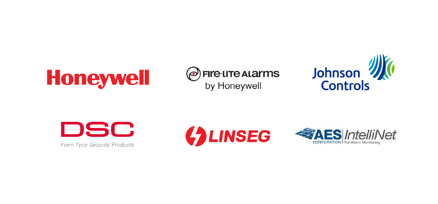 Logos of Honeywell, Fire-Lite Alarms by Honeywell, Johnson Controls, DSC from Tyco Security Products, Linseg, and AES IntelliNet for alarm monitoring.