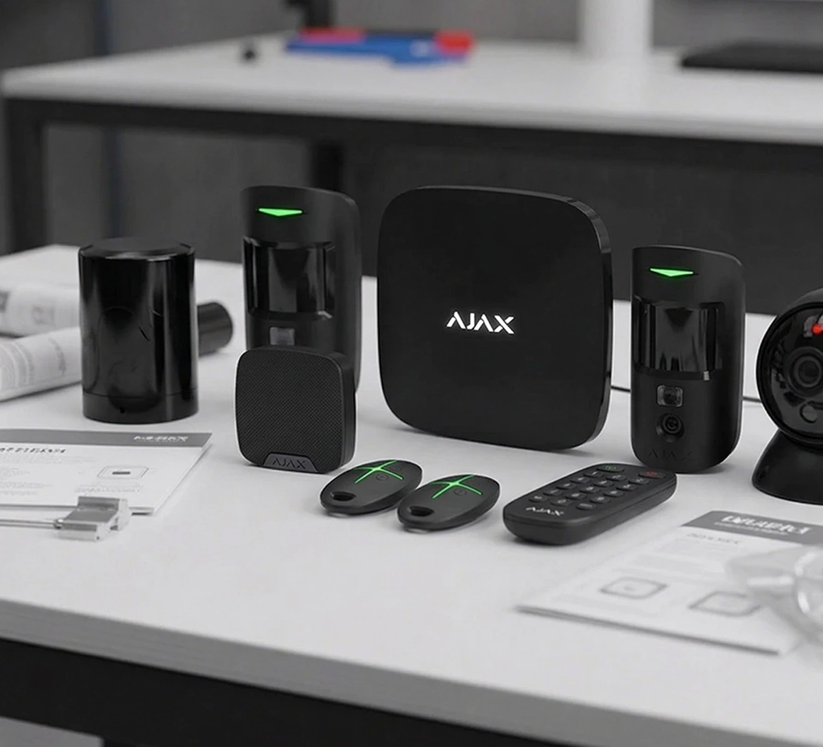 Black Ajax security system components including motion detectors, remote controls, hub, and camera arranged on a white table.
