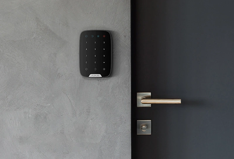 Modern door with a silver handle on the right and a black keypad security device mounted on a gray wall to the left.