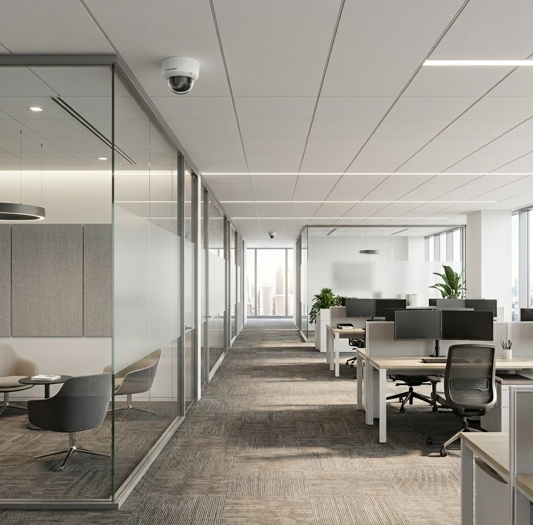 Modern office interior with open workstations, glass-walled meeting room, and city view through large windows.