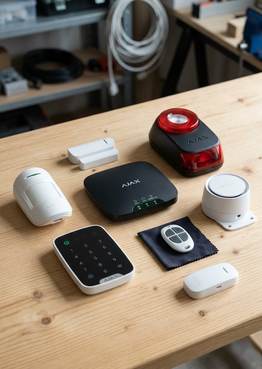 Collection of Ajax branded home security devices including a keypad, sensors, remote control, siren, and hub on a wooden table.