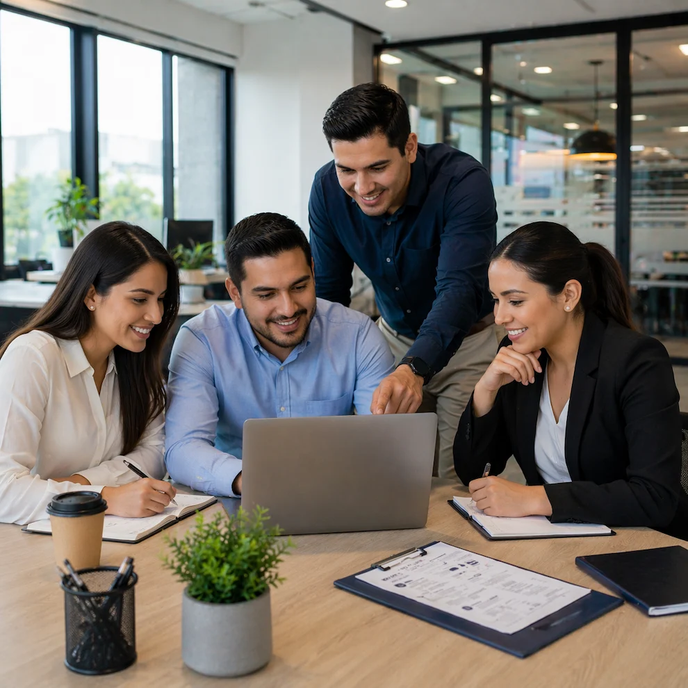 Four colleagues smiling and collaborating over a laptop in a modern office meeting room.