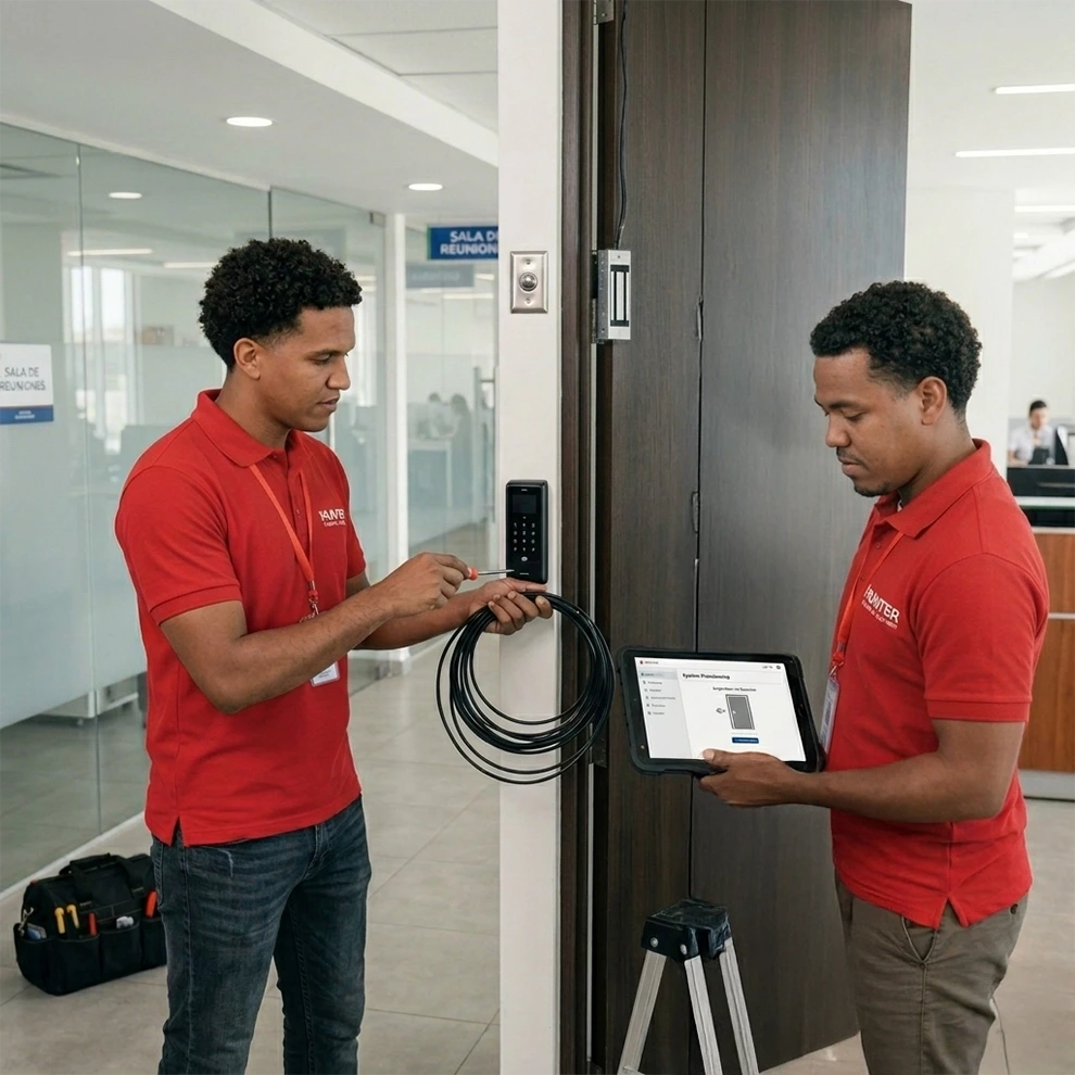 Two technicians in red shirts installing or servicing an electronic door access panel inside an office building.