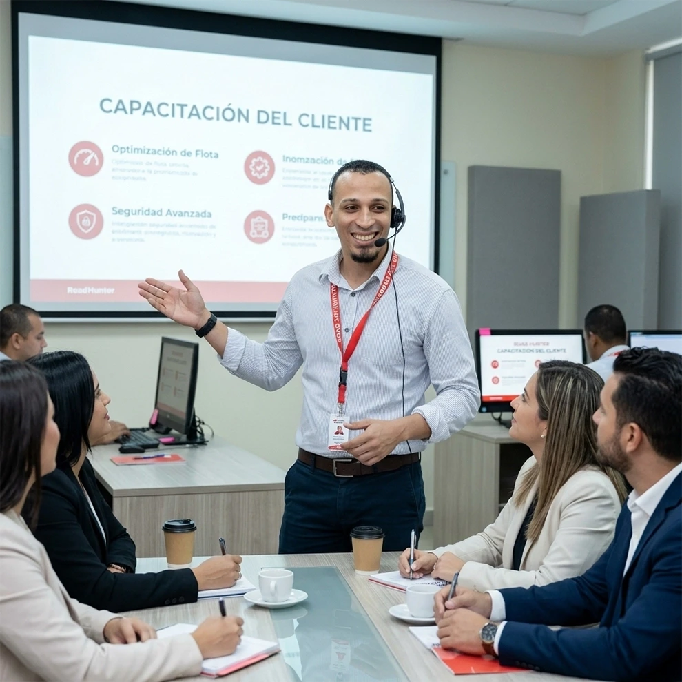 Male instructor wearing a headset leading a client training session with four attendees taking notes around a conference table.