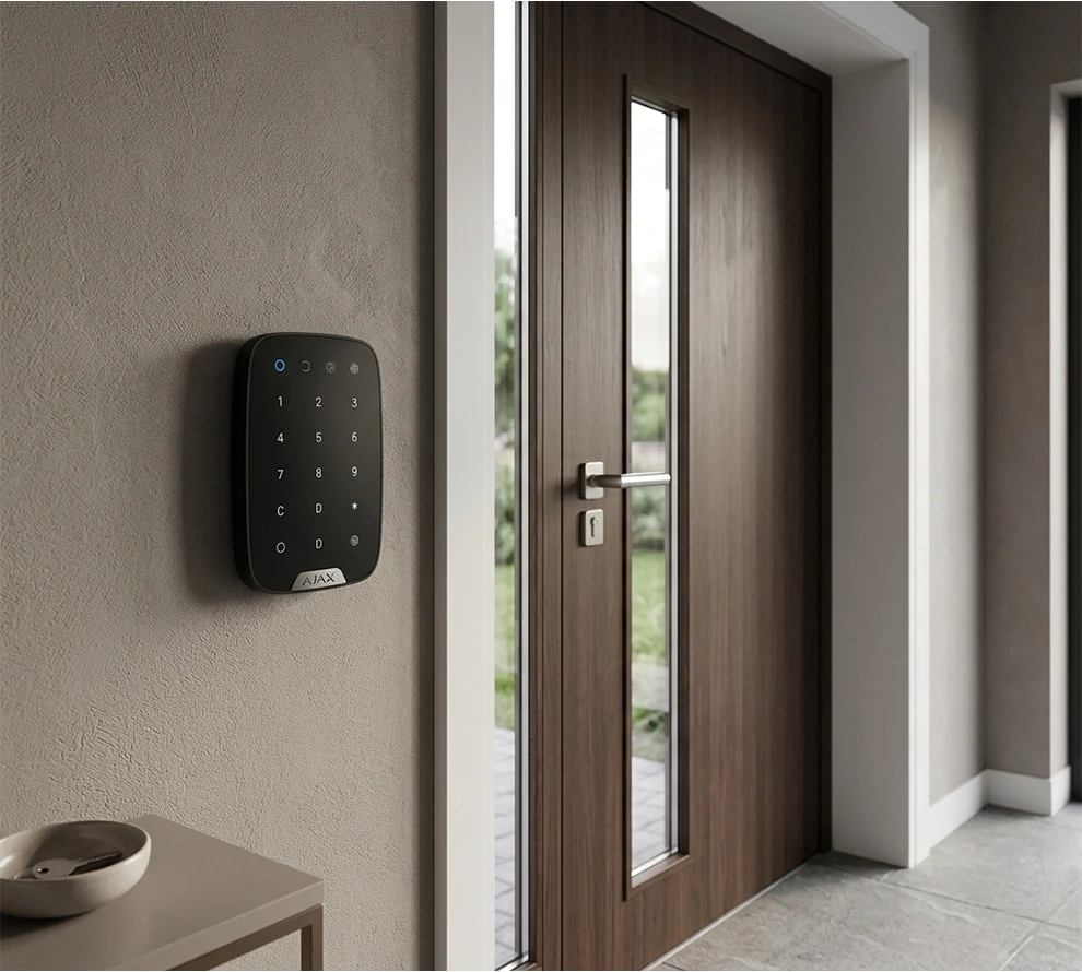 Black Ajax keypad security system mounted on a wall beside a modern wooden front door with glass panels.