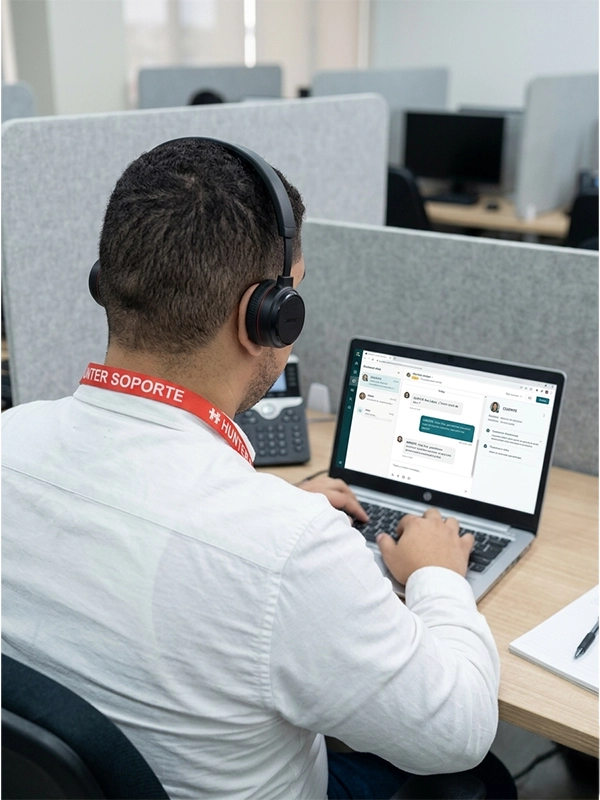 Man wearing a headset and a Seguridad 24/7 lanyard points at a computer screen displaying security reports with charts and tables.