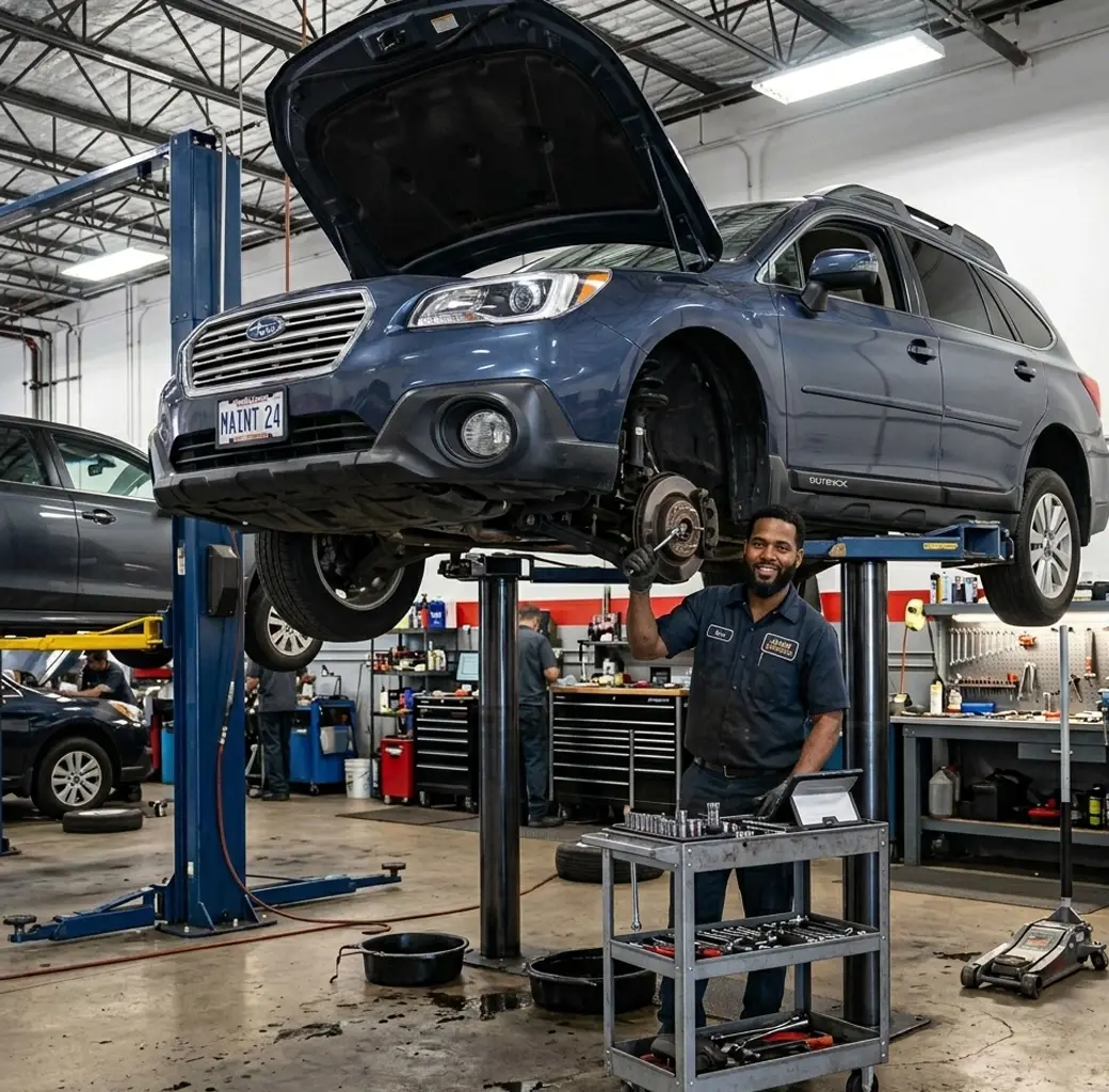 Mechanic working on a blue Subaru Outback lifted on a hydraulic car lift inside an auto repair shop.