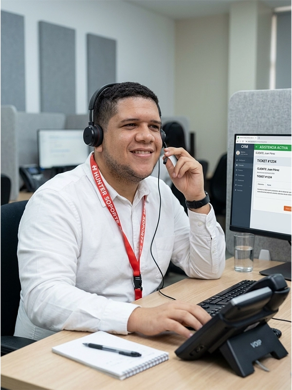 Smiling customer support agent wearing a headset and white shirt, working on a computer at a desk with a notepad and phone.