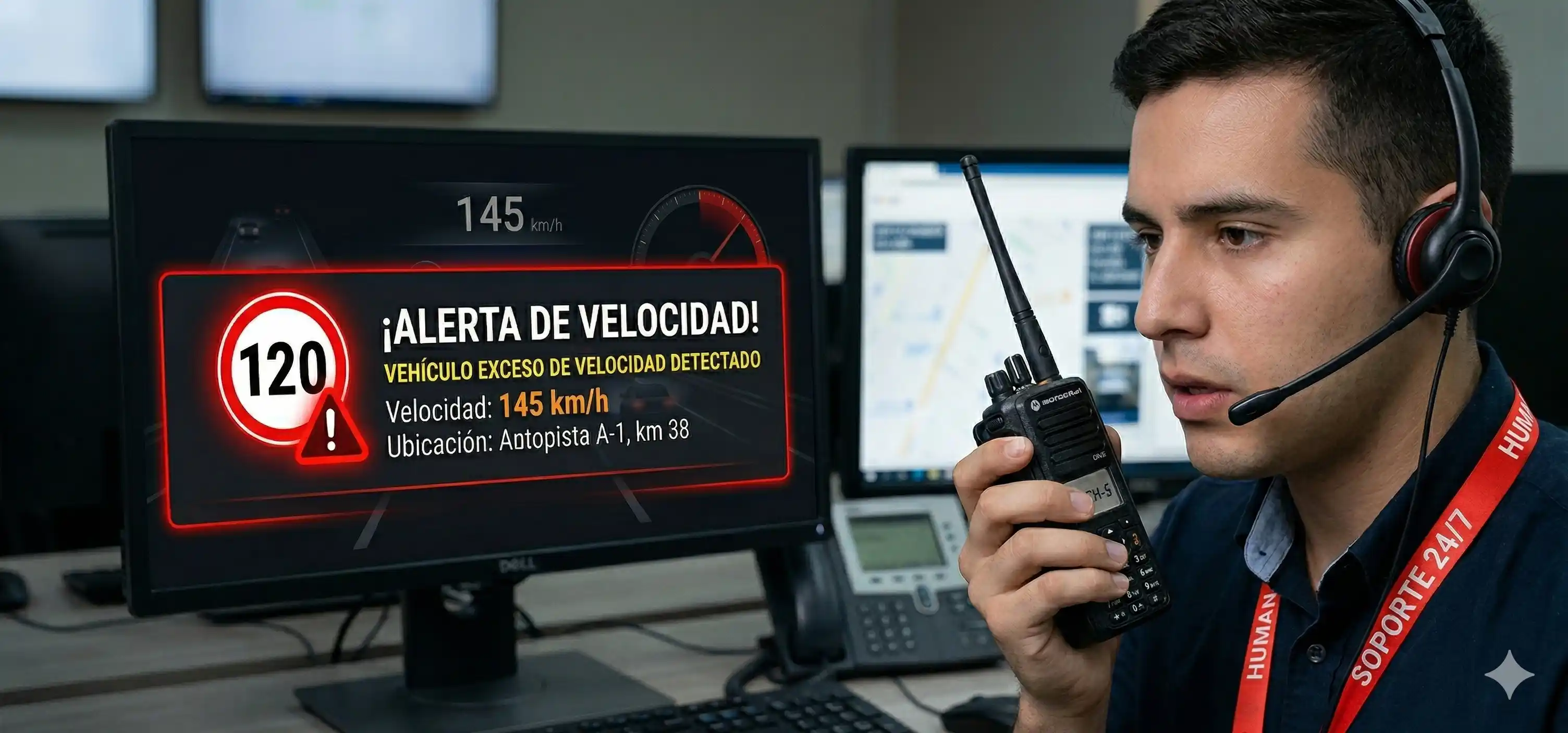 Smiling woman with long dark hair working at a computer in an office with a headset hanging on the monitor, and a wall sign saying 'HUNTE Expertos en Segur'.