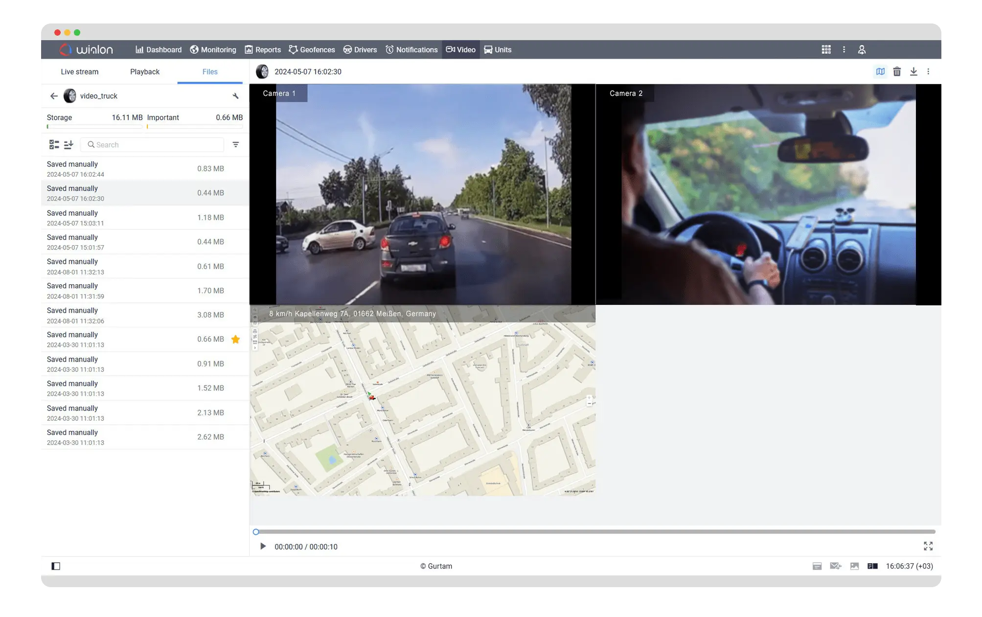 Wialon telematics interface showing side-by-side video feeds from two cameras of a car on the road and driver inside the car, with a map view below and a list of saved video files to the left.